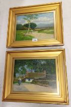 PAIR OF GILT FRAMED OIL PAINTING DEPICTING RURAL SCENES & A WOMAN, BOTH UNSIGNED,