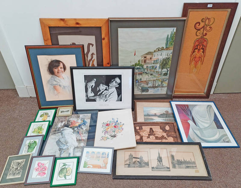 LARGE SELECTION OF PRINTS, OIL PAINTINGS, WATERCOLOURS, ETC TO INCLUDE; FRAMED PORTRAIT OF A CHILD,