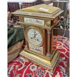 20TH CENTURY FRENCH BRASS MANTLE CLOCK WITH PAINTED ENAMEL DIAL WITH BIRD DECORATION CLOCK KEYS &