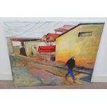 M PRESTON EASTERN STREET SCENE SIGNED UNFRAMED OIL ON CANVAS 101 X 126 CM