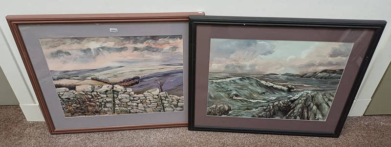 2 FRAMED WATERCOLOURS OF LANDSCAPE & SEASCAPE - UNSIGNED 54 X 73 CM