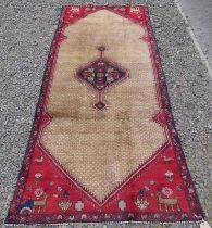 BESPOKE PERSIAN VILLAGE RUG WITH OPEN FIELD AND CENTRAL MEDALLION DEPICTING ANIMALS 250 X 113CM