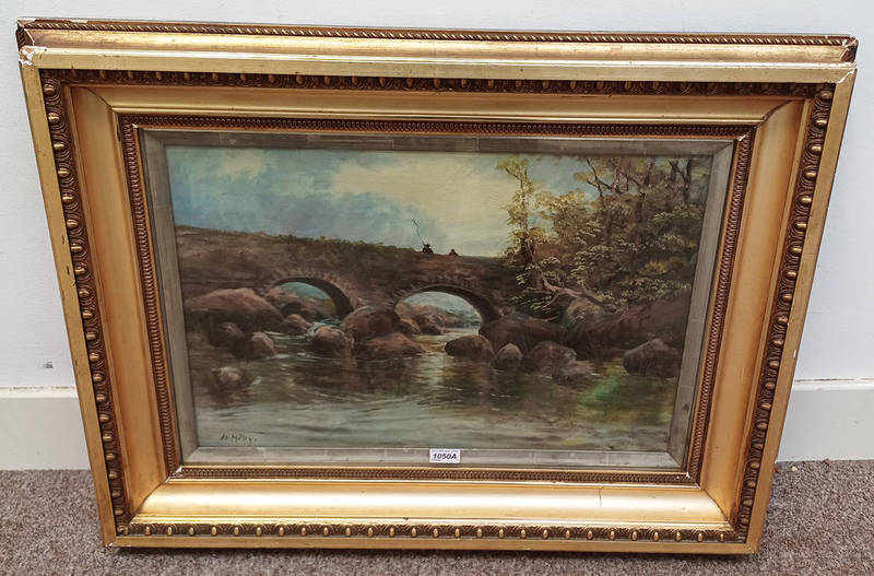 D MOTLEY FISHING OVER A BRIDGE SIGNED GILT FRAMED OIL PAINTING 39 X 59 CM