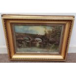 D MOTLEY FISHING OVER A BRIDGE SIGNED GILT FRAMED OIL PAINTING 39 X 59 CM