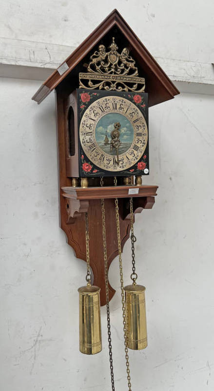 WOODEN CASE CHIMING WALL CLOCK WITH BRASS WEIGHTS & BRASS FACE,