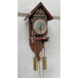 WOODEN CASE CHIMING WALL CLOCK WITH BRASS WEIGHTS & BRASS FACE,