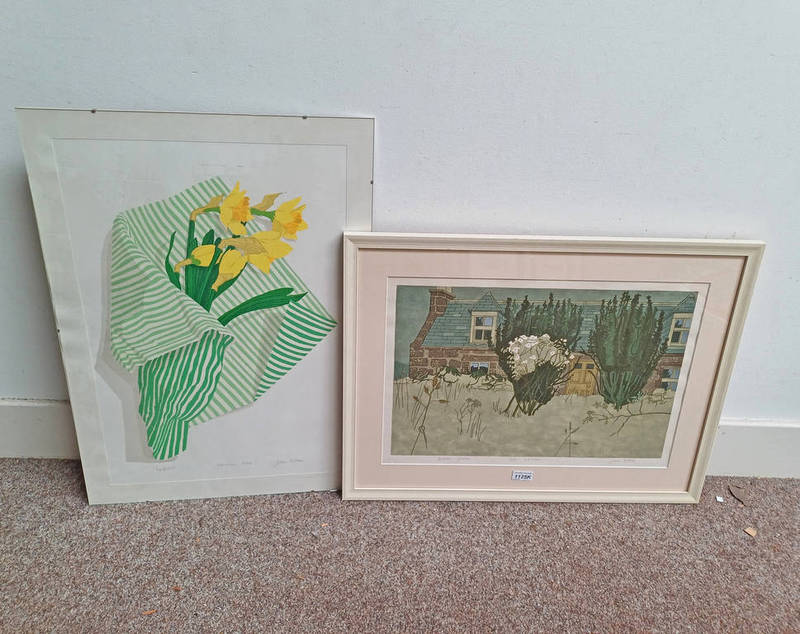 JOAN WILSON, 2 SILKSCREEN PRINTS, DESERTED GARDEN, 37 X 53 CM, & DAFFODILS, 62 X 42 CM,