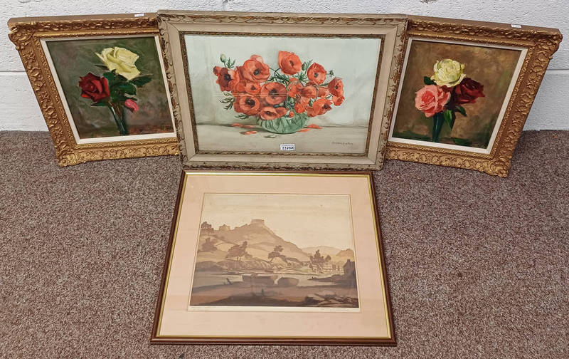 PAIR OF FRAMED OIL PAINTINGS OF ROSES INDISTINCTLY SIGNED,