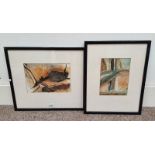 2 FRAMED ABSTRACT MIXED MEDIA PAINTINGS, BOTH UNSIGNED, 20CM X 14.