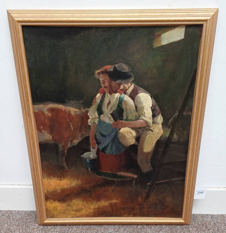 LAJOS MARKOS FIGURES IN STABLES UNSIGNED GILT FRAMED OIL ON CANVAS 84 X 55 CM