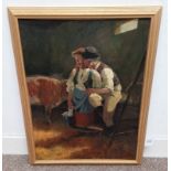 LAJOS MARKOS FIGURES IN STABLES UNSIGNED GILT FRAMED OIL ON CANVAS 84 X 55 CM