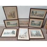 SET OF 7 FRAMED PICTURES VIEWS OF LONDON & 1 OTHER FRAMED PICTURE OF WATERLOO BRIDGE WITH BOAT RACE