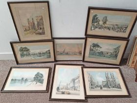 SET OF 7 FRAMED PICTURES VIEWS OF LONDON & 1 OTHER FRAMED PICTURE OF WATERLOO BRIDGE WITH BOAT RACE
