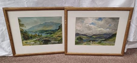 2 GILT FRAMED WATER COLOURS OF COUNTRYSIDE SCENES, BOTH INDISTINCTLY SIGNED BY SAME ARTIST,