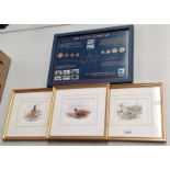 3 FRAMED WATERCOLOUR OF BIRDS, ONE SIGNED INDISTINCTLY,