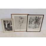 EARLY TO MID 20TH CENTURY PENCIL DRAWING OF A SEATED WOMAN TOGETHER WITH 2 LITHOGRAPH PRINTS - BOTH