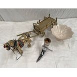BRASS DRAY HORSE & CART, HORN CUP IN MOUNT, COMPORT,