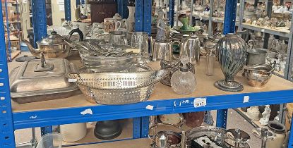 EARLY 19TH SILVER PLATED WINE SLIDE, OVAL SILVER PLATED BREAD BASKET, SILVER PLATED TEAPOTS ETC.