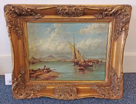 GILT FRAMED PICTURE OF COASTAL SCENE.