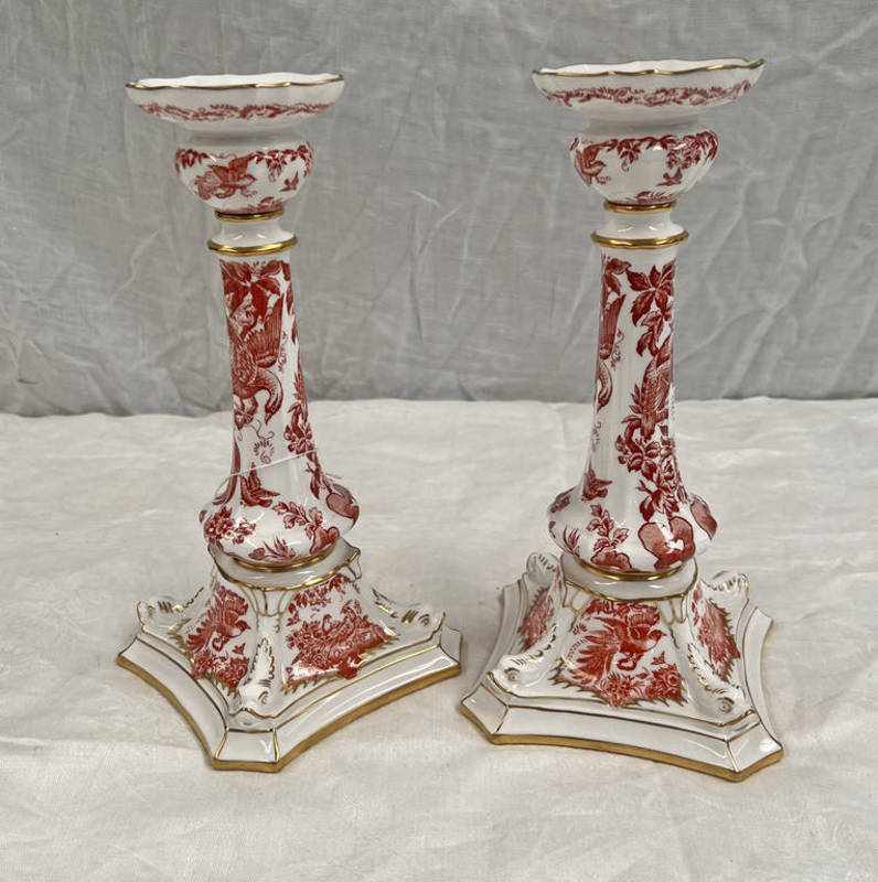 2 ROYAL CROWN DERBY PORCELAIN CANDLESTICKS, RED AVES DESIGN,