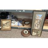 ANEROID BAROMETER FRAMED WATERCOLOUR OF STREET SCENE ETC ON ONE SHELF