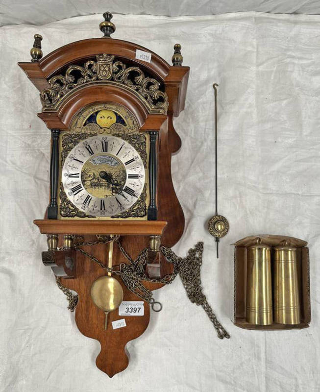 MAHOGANY CASED WALL CLOCK WITH 2 WEIGHTS