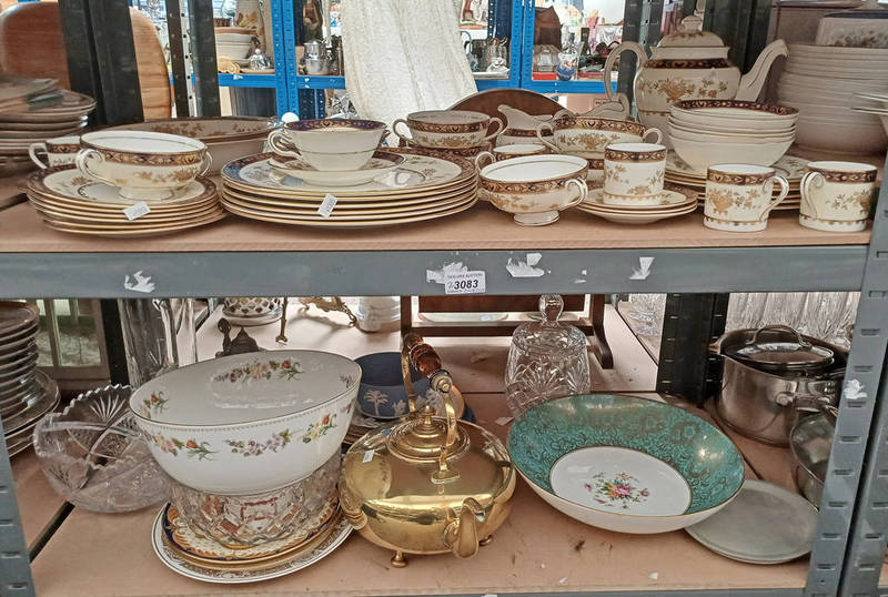 MINTON PORCELAIN DINNER & TEASET, LARGE WEDGWOOD & MINTON PORCELAIN BOWLS, BRASS KETTLE, CRYSTAL,