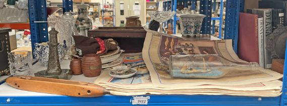 WOODEN SHUTTLE, PETERHEAD DRIFTER IN GLASS BOTTLE, HARDSTONE LIGHT HOUSE, VARIOUS PRINTS,