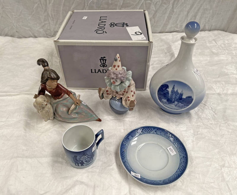 ROYAL COPENHAGEN CUP & SAUCER & DECANTER LLADRO FIGURE OF GIRL WITH DOG & CLOWN WITH BALL