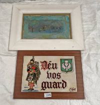 FRAMED TEXTILE PICTURE 'ROWAN TREE' BY MIDGE GOURLEY & TILE OF A BAGPIPER