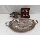 OVAL SILVER PLATED TRAY, E P QUAICH, VARIOUS OTHER SILVER PLATED WARE,