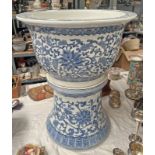 ORIENTAL PORCELAIN BLUE & WHITE POT ON STAND,