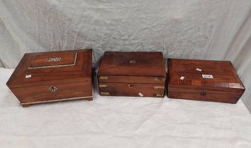19TH CENTURY ROSEWOOD BOX WITH DECORATIVE INLAY & 2 OTHER 19TH CENTURY BOXES