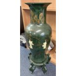 EASTERN GREEN BALUSTER PORCELAIN VASE WITH INLAID & GILT DECORATION ON GREEN HARDWOOD STAND,