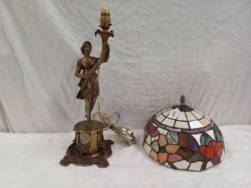 BRASS BOUND TABLE LAMP WITH FIGURE ON CIRCULAR BASE & LEADED GLASS LAMP SHADE