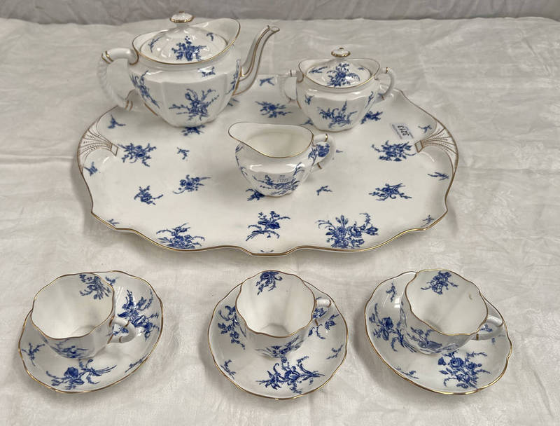 ROYAL CROWN DERBY PORCELAIN BREAKFAST SET OF TRAY , 3 CUPS & SAUCERS, TEAPOT, SUGAR & CREAM.