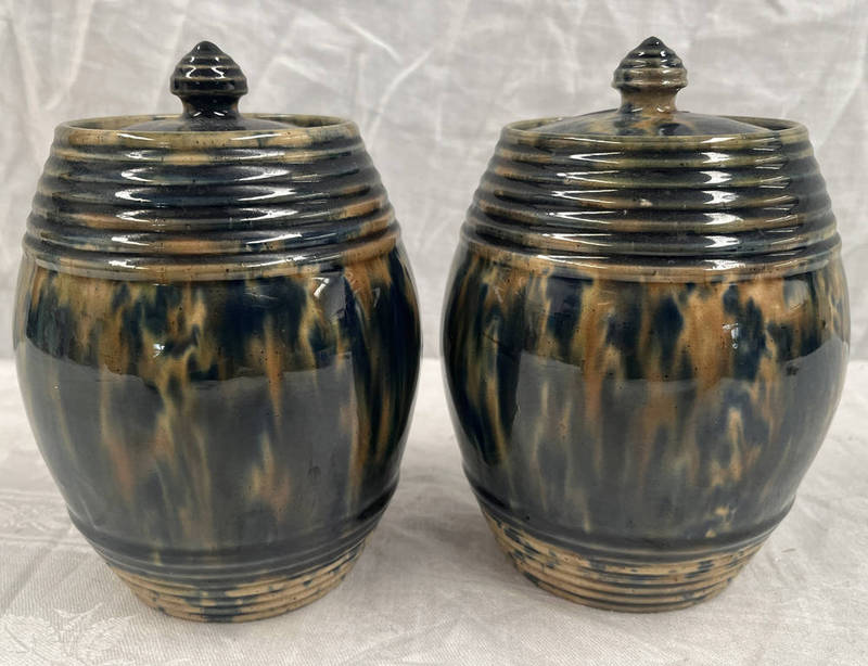 PAIR 19TH CENTURY SCOTTISH POTTERY BARREL JARS WITH GREEN & BLUE DECORATION 16 CM TALL