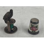 SILVER ENAMEL PHEASANT LONDON 1913 ENAMELLED THIMBLE