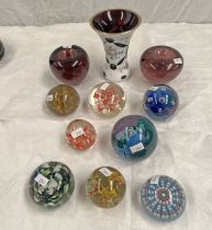 CAITHNESS GLASS PAPER WEIGHT & VARIOUS OTHER PAPER WEIGHTS & CUT GLASS LATE 19TH EARLY 20TH CENTURY