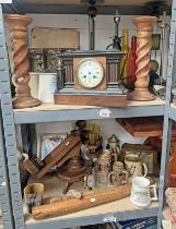 LATE 19TH CENTURY MAHOGANY MANTLE CLOCK, OAK MANTLE CLOCK, MAHOGANY STOOL PINE WINE POURER,