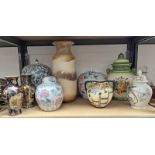 SELECTION OF 9 ORIENTAL & OTHER ART POTTERY VASES ETC ON ONE SHELF.