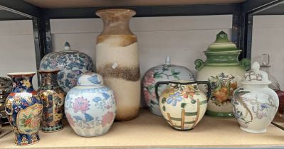 SELECTION OF 9 ORIENTAL & OTHER ART POTTERY VASES ETC ON ONE SHELF.