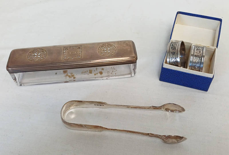 PAIR OF SILVER TONGS EXETER 1874, 2 SILVER NAPKIN RINGS IN BOX, SILVER TOPPED CUT GLASS DISH,
