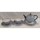 BLUE, WHITE & GILT DECORATED TEA CUPS, SAUCERS, PLATES & TEAPOT, MARKED ST PETERSBURG,