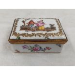 PORCELAIN BOX WITH CLASSICAL SCENE DECORATION & CROSSED SWORDS MARK TO BASE,