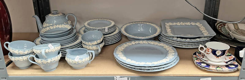 LARGE SELECTION WEDGWOOD TEA & DINNERWARE QUEENS WARE ETC ON ONE SHELF Condition Report: