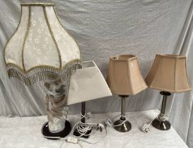 PORCELAIN FIGURAL TABLE LAMP WITH DECORATIVE SHADE & 3 OTHER TABLE LAMPS