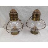 PAIR OF BRASS SHIPS ANCHOR STYLE PARAFFIN LAMPS,