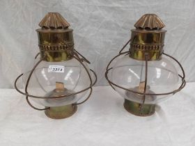 PAIR OF BRASS SHIPS ANCHOR STYLE PARAFFIN LAMPS,