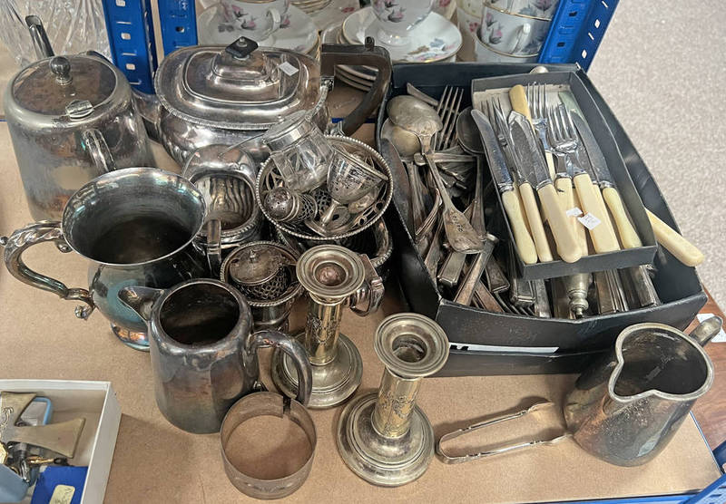 LARGE SELECTION SILVER PLATED CUTLERY, 3 PIECE SILVER PLATED TEASETS,